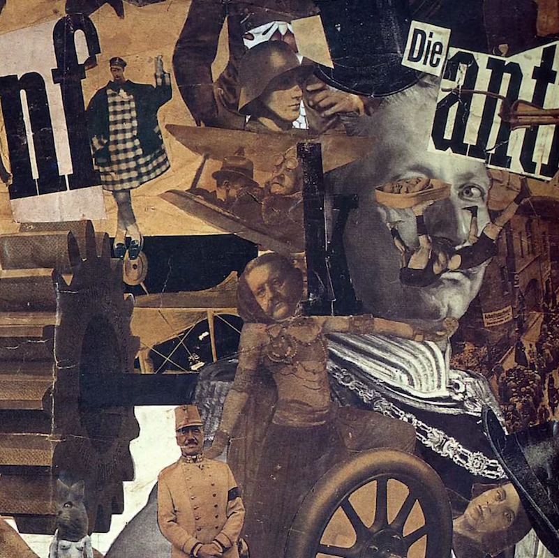 Image of an artist's collage made during the interwar period in Europe. It has a very industrial feel to it but also some people and German words are included.