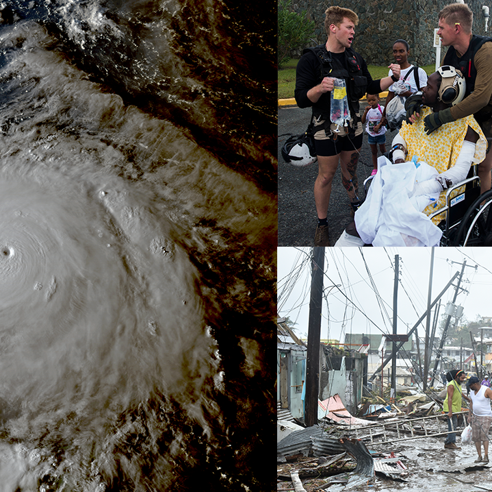 Photo collage including satellite imagery of Hurricane Maria in 2017; a photo of a person using a wheelchair being prepared for evacuation following Hurricane Maria in the U.S. Virgin Islands; and a photo of the aftermath of Hurricane Maria in Puerto Rico with demolished buildings and leaning telephone poles.