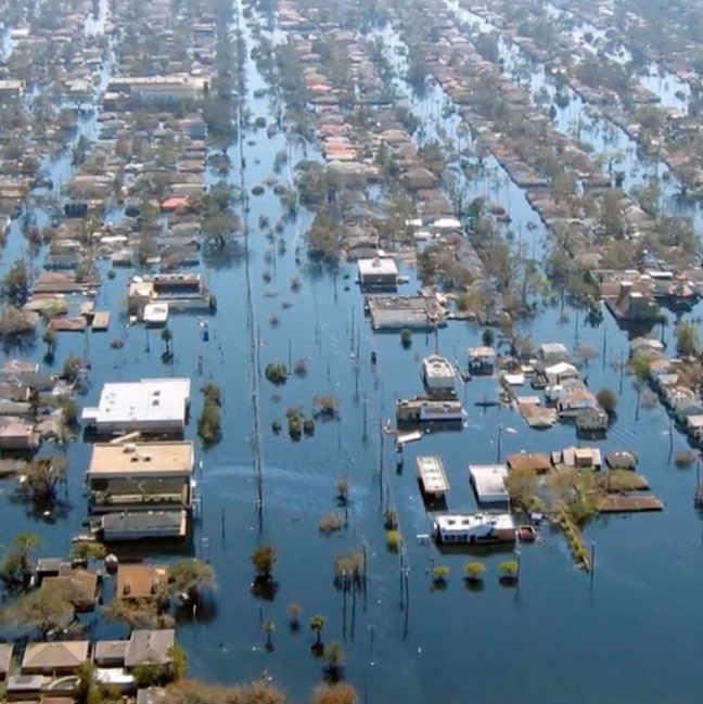 Aerial view of a flooded residential area of New Orleans following Hurricane Katrina.